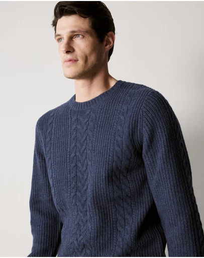 Trenery - Wool Cable Knit Crew in Denim