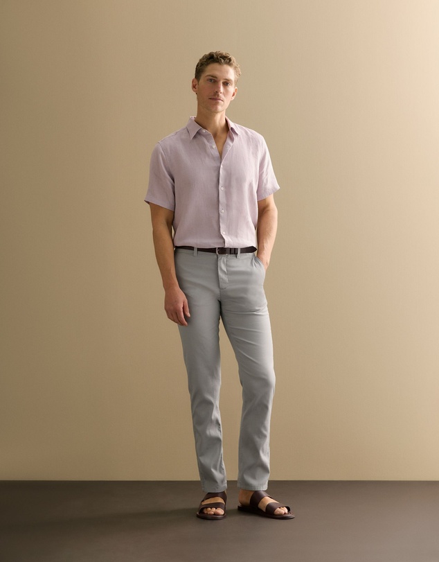 Trenery - Regular Fit Delave Linen Short Sleeve Shirt in Faded Violet