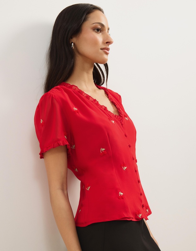 Atmos&Here - Cherry V-Neck Ruffle Blouse