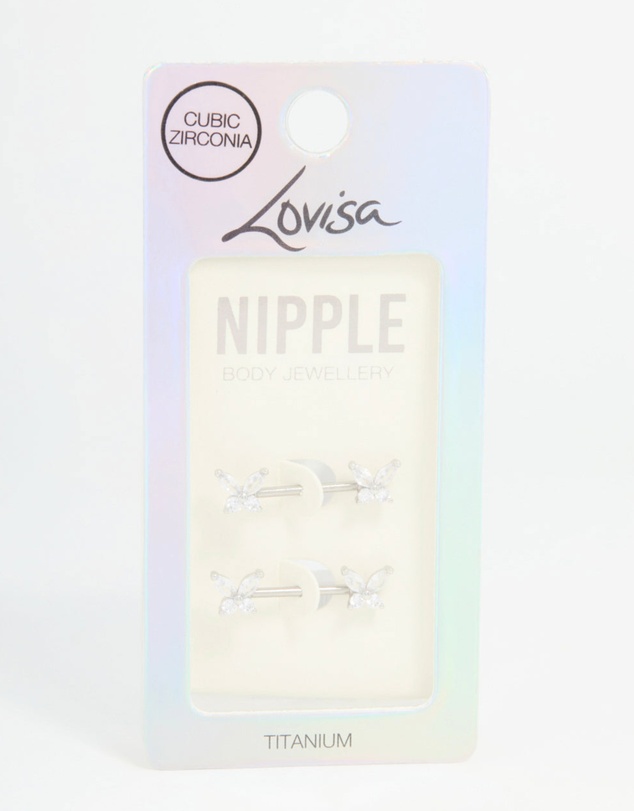 Lovisa - Titanium Cubic Zirconia Butterfly Nipple Bars 2-Pack