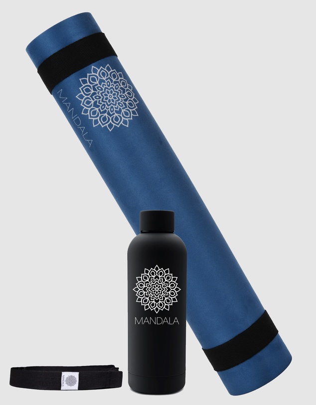 Mandala - Mandala Yoga Mat Premium Bundle, Includes Yoga Mat 188cm H x 61cm W, Yoga Strap & Steel Hydration Bottle - Midnight Blue