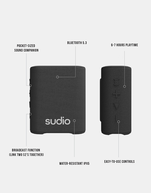 Sudio - S2 - Wireless Portable Bluetooth Speaker, Broadcast enabled, IPX5