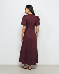 AERE - Lori Puff Sleeve Linen Midi Dress