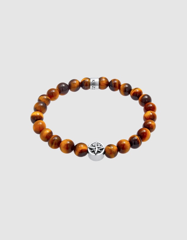 Kuzzoi - ICONIC EXCLUSIVE - Tiger's Eye Bead Bracelet with 925 Silver Compass