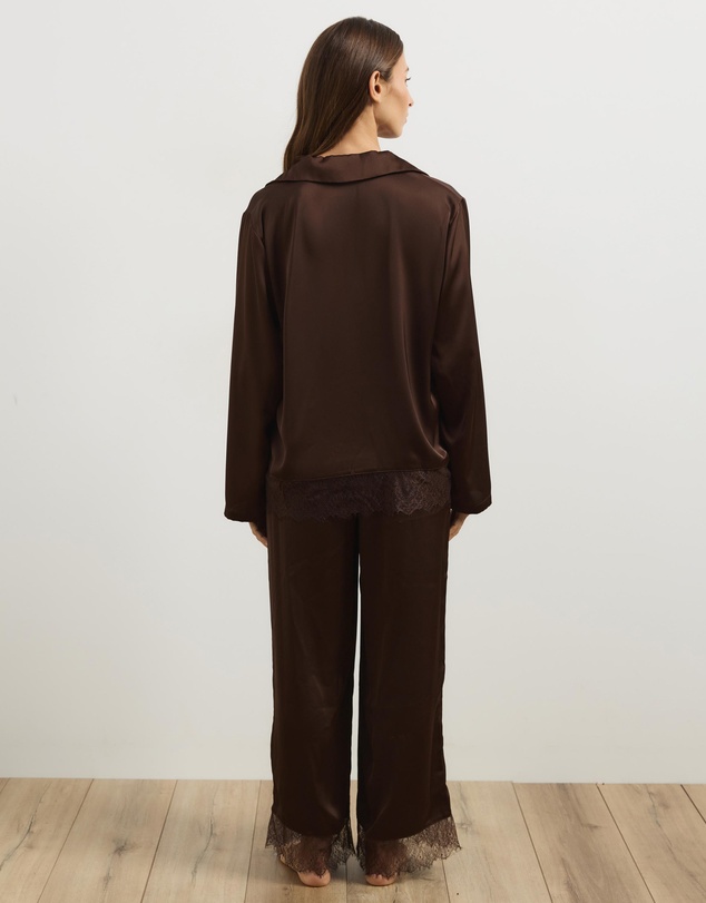 Atmos&Here - Pearl Lace Trim Long Sleeve Satin Pyjama Set