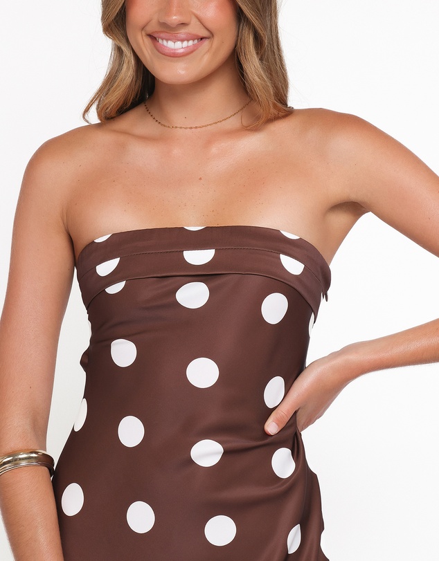 Petal & Pup - Remmie Strapless Maxi Dress - Brown Polka Dot