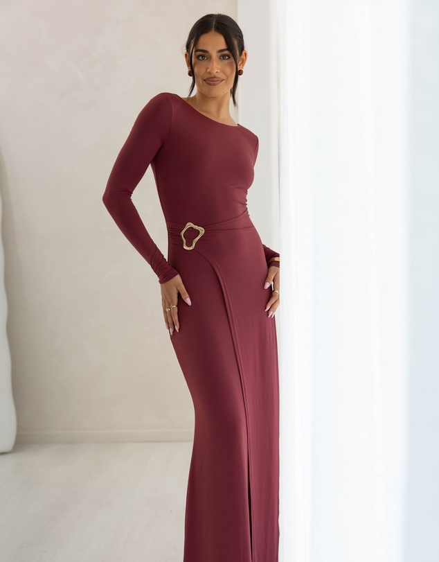 Beginning Boutique - Misaki Burgundy Long Sleeve Wrap Maxi Dress