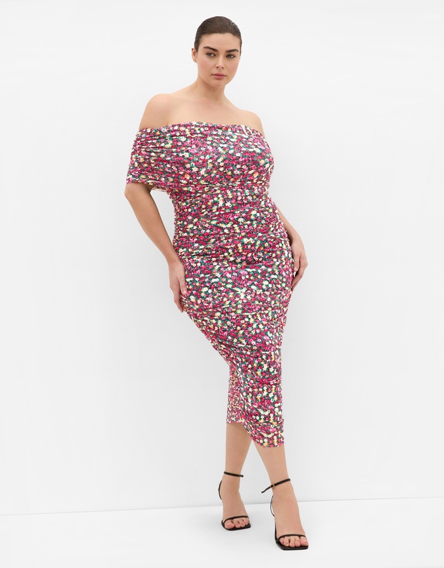 City Chic - Plus Size Dana Mesh Ditsy Print Dress - pink