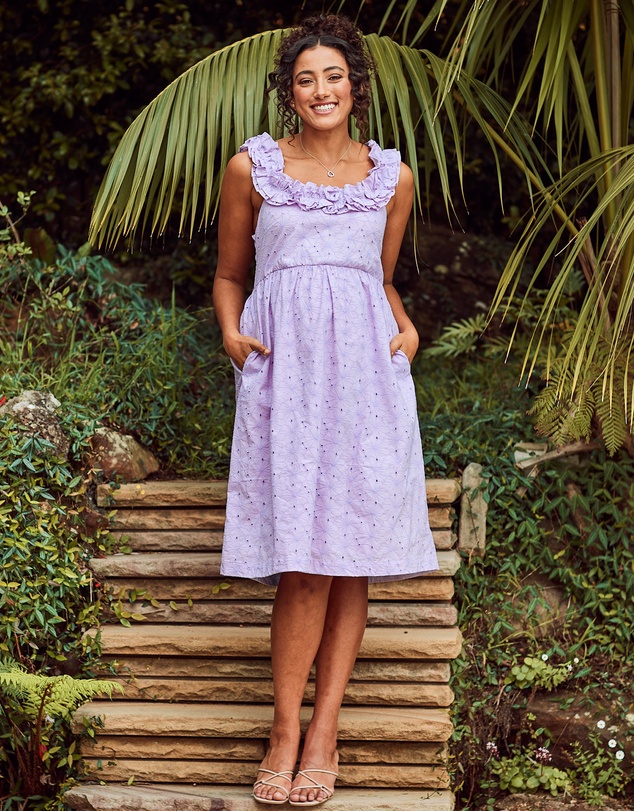 Angel Maternity - Natalie Maternity Ruffled Neckline Eyelet Dress in Lilac
