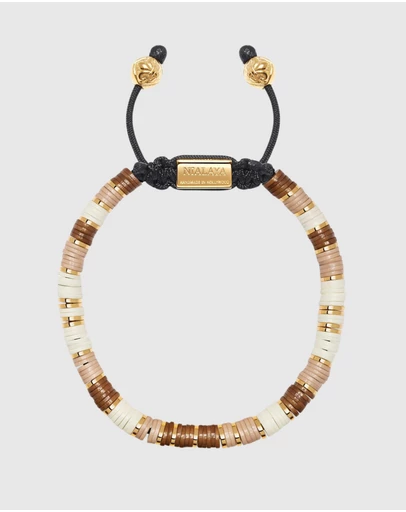Nialaya Jewellery - Men's Beaded Bracelet with Brown, Beige and Gold Disc Beads