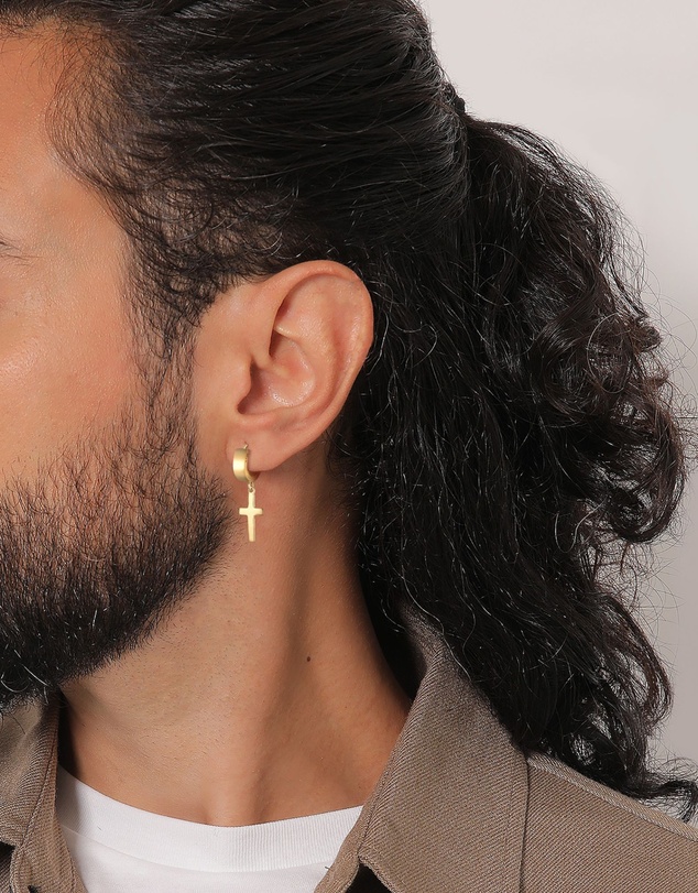 Kuzzoi - ICONIC EXCLUSIVE - Earrings Men Creole Cross Single Piece in 925 Sterling Silver Gold Plated