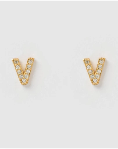 Izoa - Alphabet Mini Letter V Stud Earrings Gold