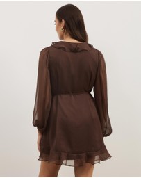 Atmos&Here - Stella Lightweight Crinkle Georgette V Neck Long Sleeve Mini Dress With Frill Detail