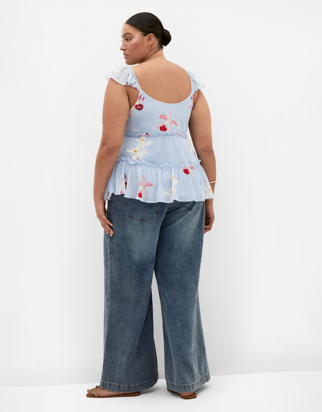 City Chic - Bryn Orchid Print Frill Tie Top