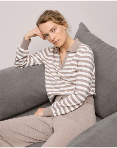 Trenery - Cotton Cashmere Stripe Knit Polo in Cinder