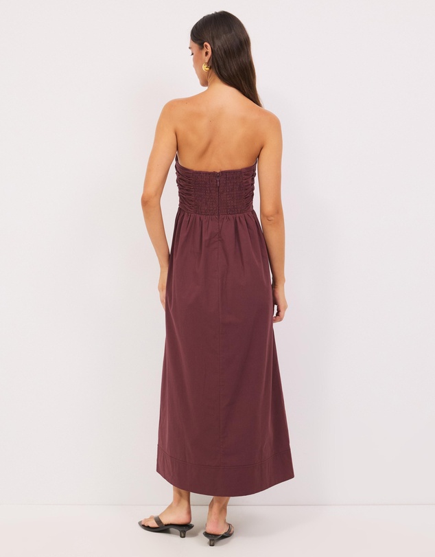 Calli - Strapless Gathered Midi Dress