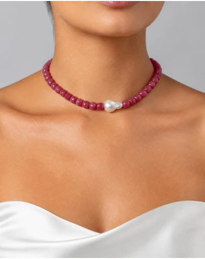 Izoa - Marguerite Baroque Pearl Gemstone Necklace Raspberry Pink