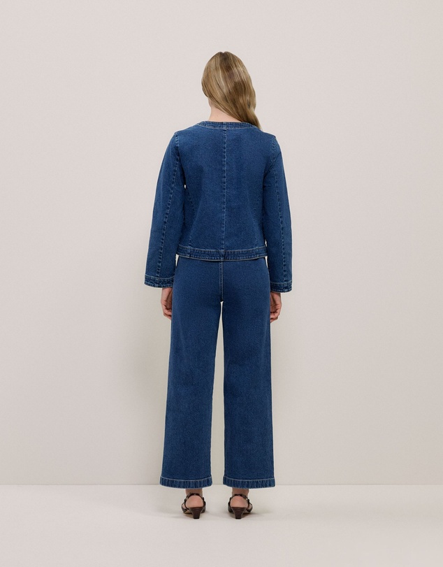 Trenery - Collarless Cropped Denim Jacket in Mid Blue