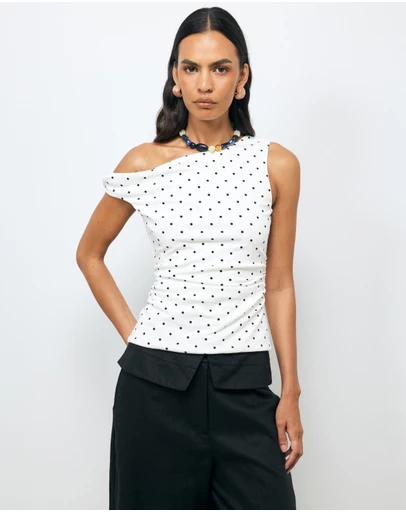 AERE - Claire Off Shoulder Polka Dot Top