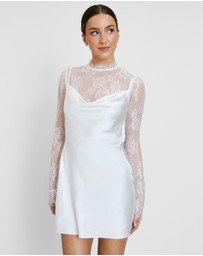 Six Stories - Lace Sleeve Cowl Satin Mini Dress