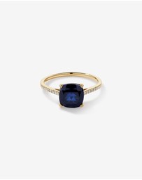 Michael Hill - Cushion Cut Blue Created Sapphire Gemstone and Diamond Ring in 10kt Yellow Gold