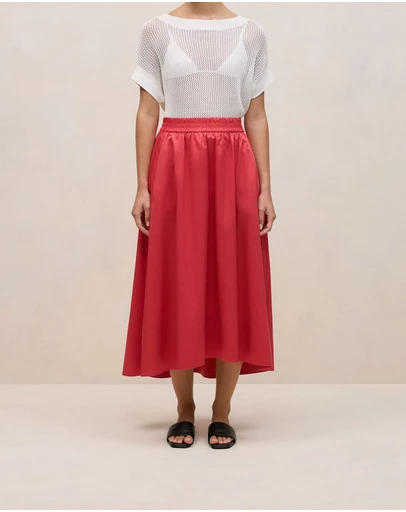 Trenery - Cotton Sateen Waterfall Skirt in Crimson