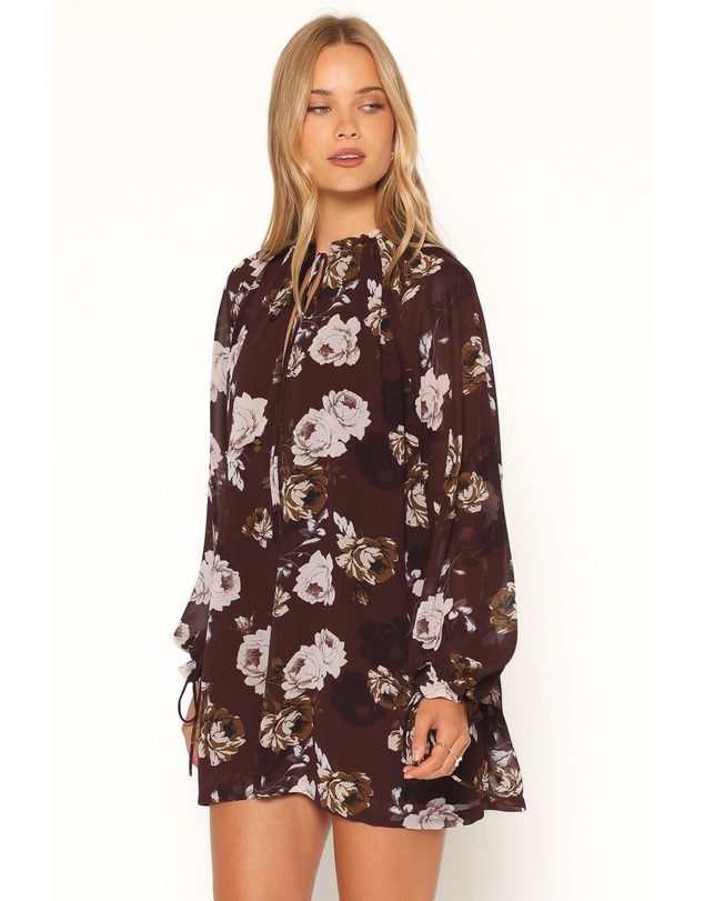 Petal & Pup - Sigrid Tie Cuff Mini Dress - Brown Floral