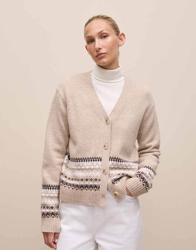 Trenery - Merino Cashmere Fair Isle Cardigan in Oat Marle