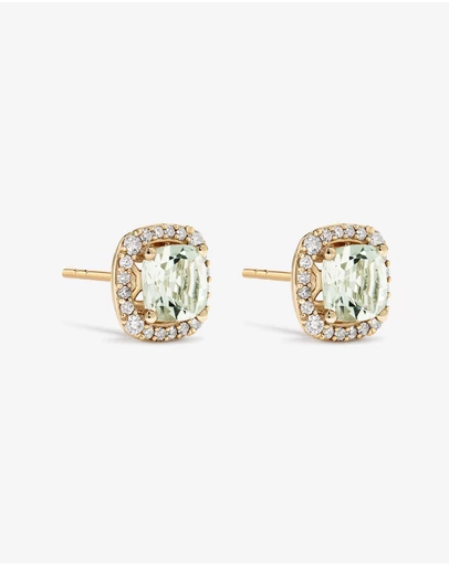 Michael Hill - Cushion Cut Green Amethyst Gemstone and 0.32 Carat TW Diamond Halo Stud Earrings in 10kt Yellow Gold