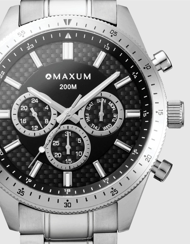 Maxum - Lansdowne Multifunction Chrono Silver Tone Case & Bracelet With Black Dial