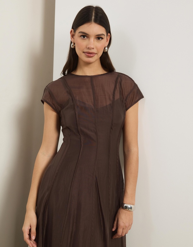 Atmos&Here - Cindy Short Sleeve Panelled Organza Midi Dress