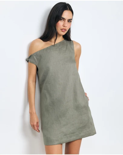 AERE - Aela Off Shoulder Linen Shift Mini Dress