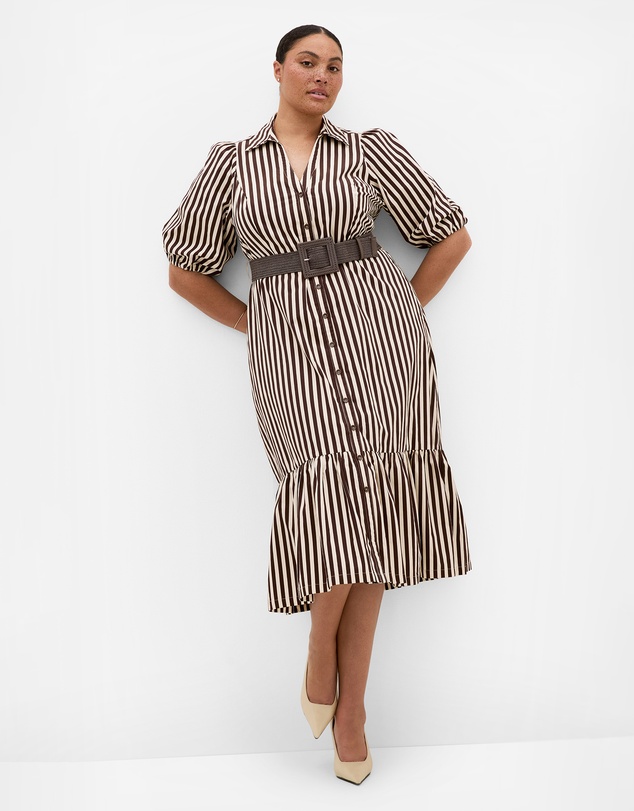 City Chic - Plus size Rosie Stripe Belted Dress - dark chocolate