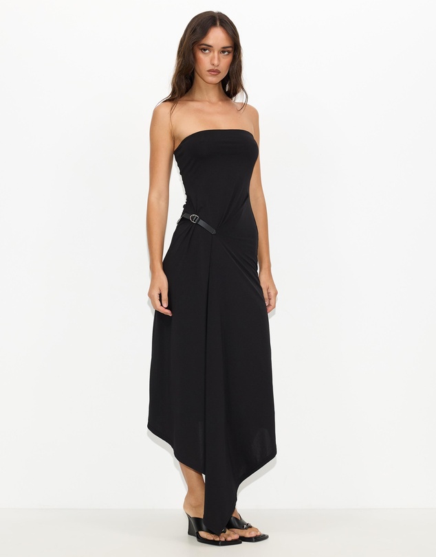 Dazie - Cleo Strapless Belted Asymmetrical Midi Dress