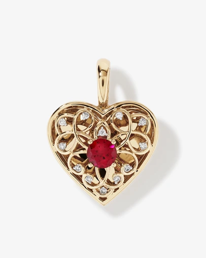 Michael Hill - Red Created Ruby Gemstone and Diamond Filigree Heart Enhancer Pendant in 10kt Yellow Gold