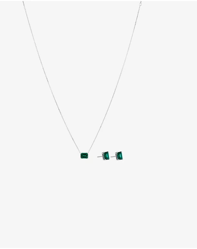 Michael Hill - Emerald Cut Green Created Emerald Gemstone Stud Earrings and Pendant Necklace Set in Sterling Silver