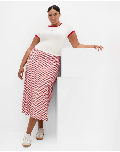 City Chic - Plus size Western Gingham Midi Skirt - rust
