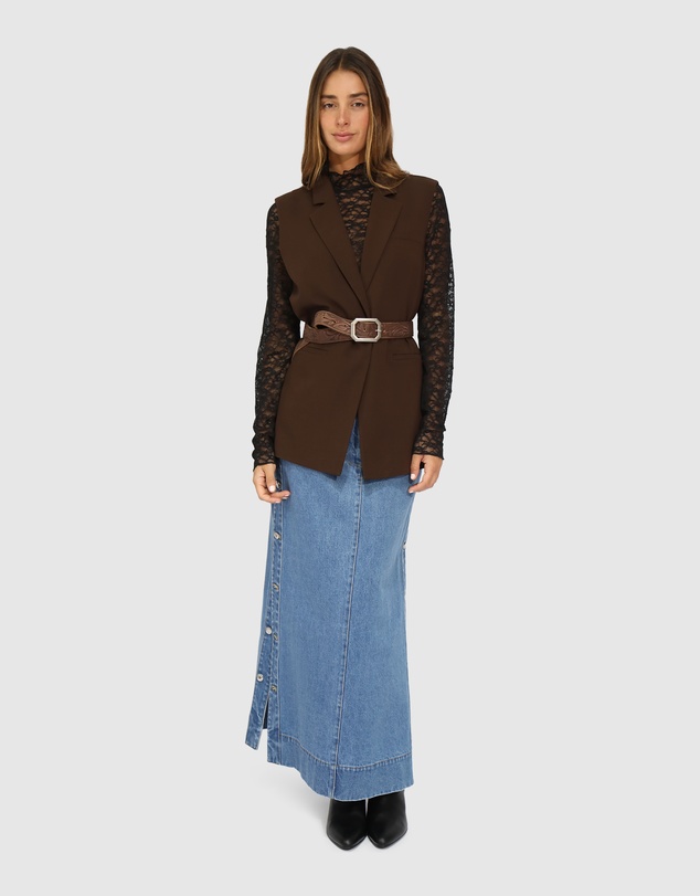 Belle & Bloom - Edge Line Denim Maxi Skirt with Side Buttons