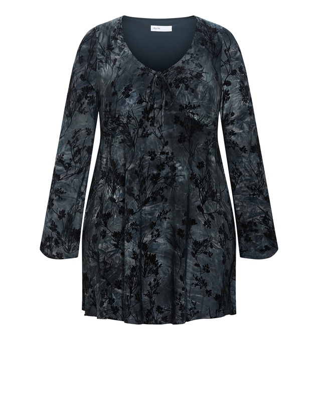 City Chic - Plus size Devore Flock Print Mini Dress - smoke