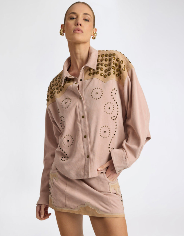 ONE TEASPOON - Rodeo Renegade Studded Embroidered Crop Suede Jack - Dusty Pink
