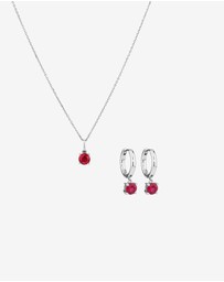 Michael Hill - Round Cut Red Created Ruby Gemstone Hoop Earrings and Pendant Necklace Set in Sterling Silver