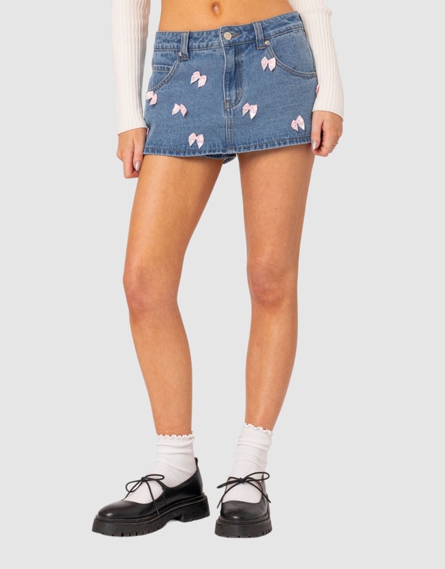EDIKTED - Alivia Satin Bow Denim Micro Skort