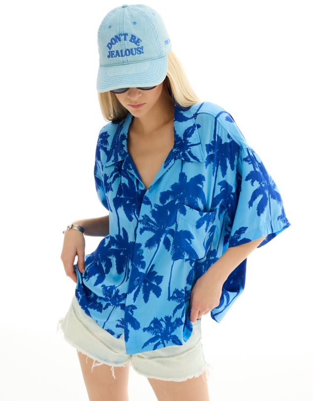 THE TALES - Blue Palm Oversized Silk Shirt
