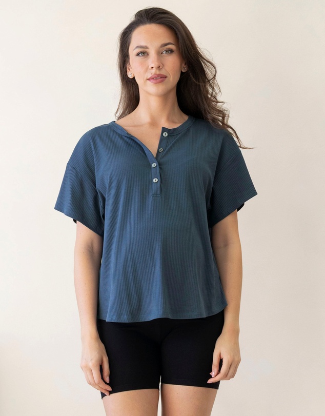 Angel Maternity - Simple Classic Ribbed Button Short Sleeve Top In Slate Blue