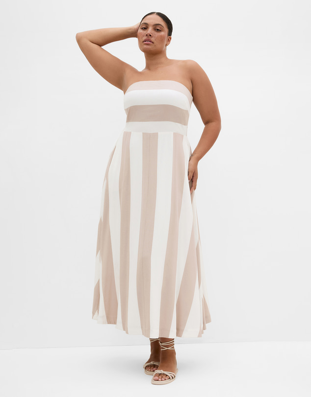 City Chic - Plus size Simone Strapless Stripe Maxi Dress - stone