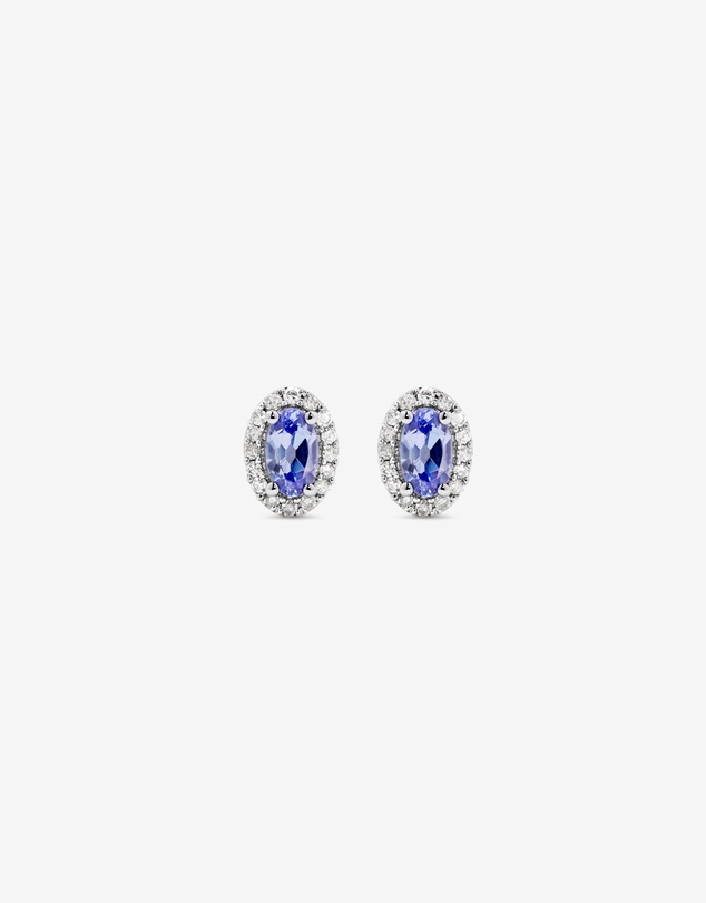Michael Hill - Oval Cut Blue Tanzanite Gemstone and 0.12 Carat TW Diamond Halo Stud Earrings in 10kt White Gold