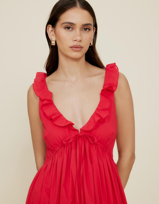 The Fated - Tie Front Ruffle Midi Dress