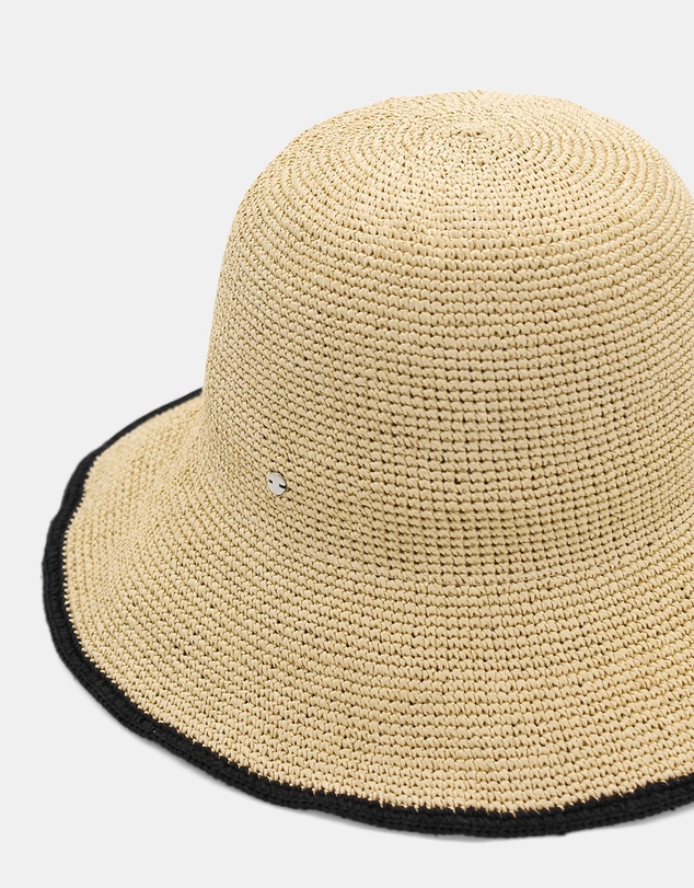 Morgan & Taylor - Raya Crochet Straw Bucket Hat in Natural Beige and Black Stripe