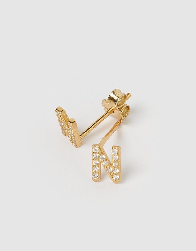 Izoa - Alphabet Mini Letter N Stud Earrings Gold