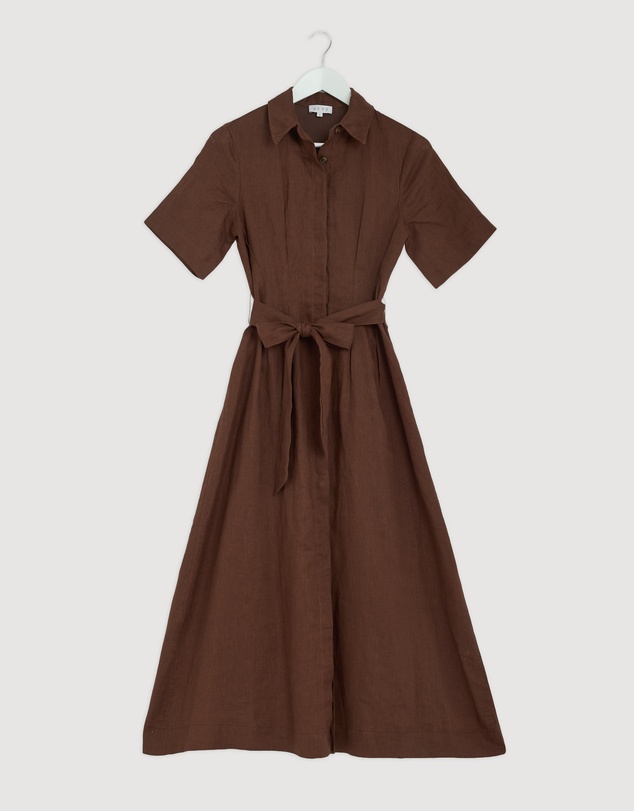 Revibe - Repaired AERE Orien Tuck Waist Linen Shirt Dress - AU 6